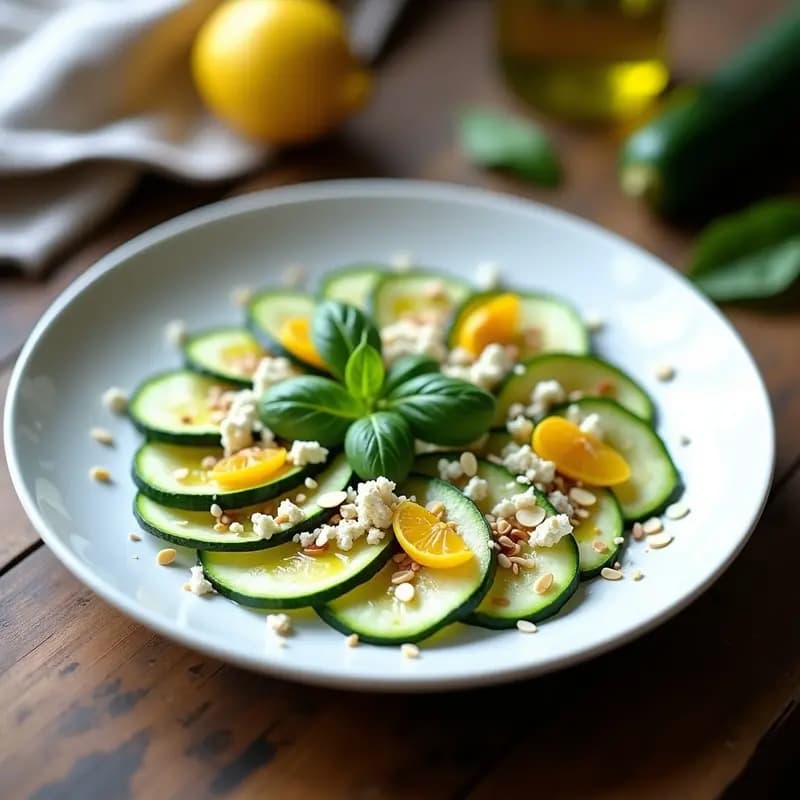 Plato blanco ovalado con carpaccio de calabacín en láminas ultra-finas, cubierto con queso de cabra vegano desmenuzado, decorado con hojas de albahaca, semillas de sésamo, virutas de almendra y flores de calabacín. Aliño brillante de aceite y limón. Entrante italiano keto y sin lactosa.