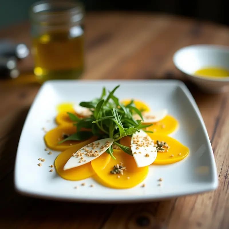 Plato blanco ovalado con carpaccio de remolacha amarilla en láminas finas, cubierto de queso cremoso de cashews, rúcula fresca y semillas de sésamo, con un hilo de vinagreta dorada. Entrante vegano gourmet de colores vibrantes.