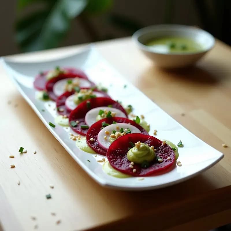Plato blanco alargado con carpaccio de remolacha y rabanitos en láminas finas, cubierto con vinagreta de wasabi, semillas de sésamo tostadas y cebollino picado. Entrante japonés vegano fresco y colorido.