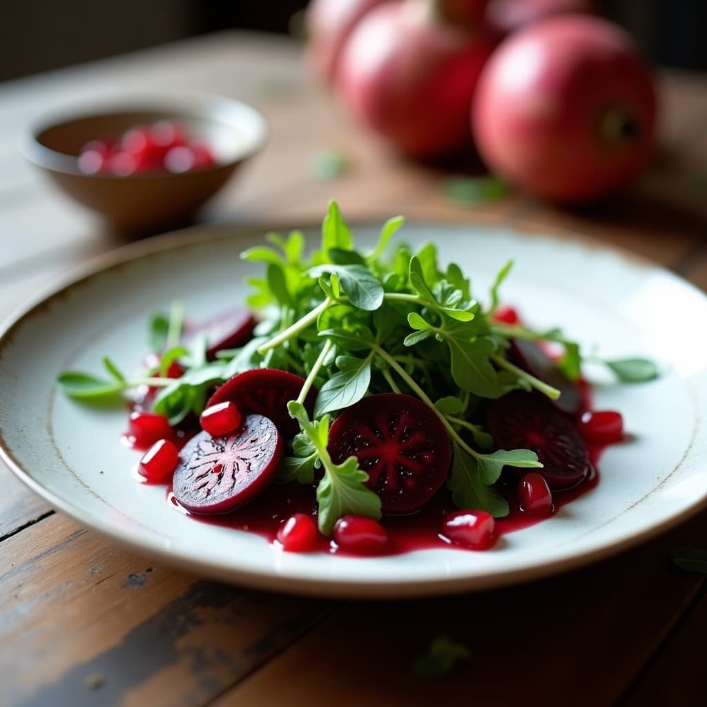 Plato blanco alargado con carpaccio de remolacha en láminas finas y rosadas, cubierto de hojas de ruccula verde intenso, semillas de granado rojas brillantes y pistachos picados dorados. Vinagreta dorada y brillante sobre los ingredientes, decorado con hojas de menta fresca. Receta de carpaccio de remolacha y ruccula con vinagreta de granado y pistacho, vegana y crudivegana.
