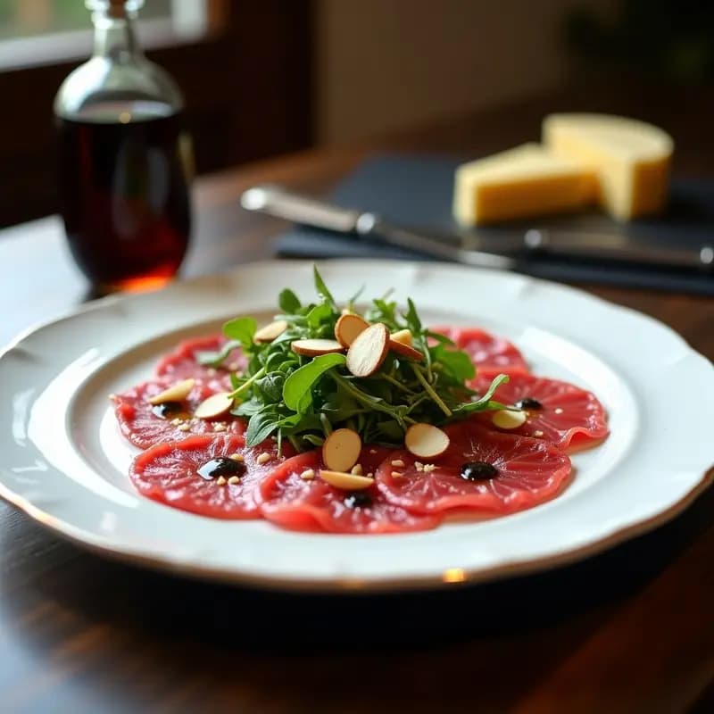 Plato blanco de porcelana con carpaccio de res en láminas finas, rúcula baby fresca, virutas de queso Parmigiano Reggiano y almendras fileteadas, bañado en vinagreta de trufa negra. Receta italiana alta en proteína, elegante y sofisticada.