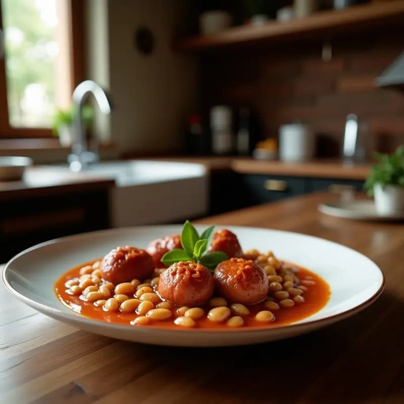 Cazuela de hierro fundido con cassoulet francés tradicional, frijoles blancos cremosos, salchichas de Toulouse doradas y costra crujiente de pan tostado, servido en mesa rústica de madera.