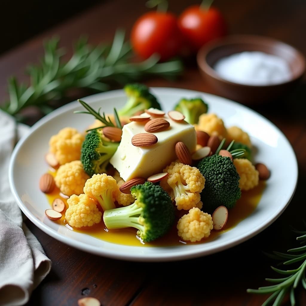 Cástica de cauliflor y brócoli dorados al horno, coronados con queso de cabra gratinado y almendras fileteadas tostadas. Plato keto de invierno con textura crujiente y cremosa.