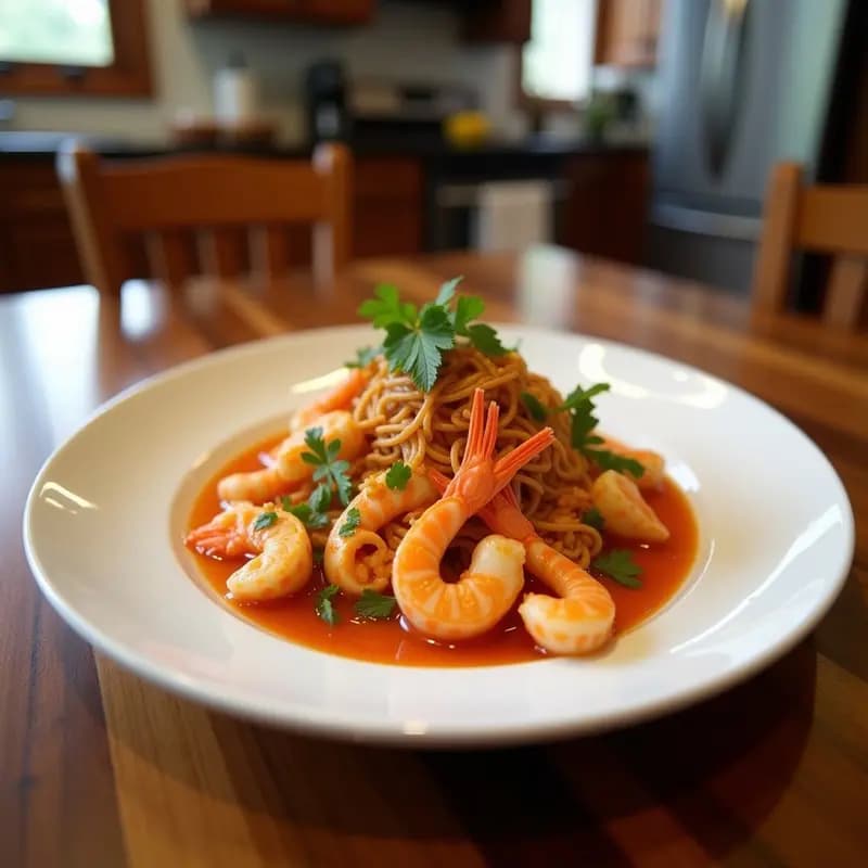 Olla de barro humeante llena de casuela de mariscos con Coca-Cola, mostrando almejas, mejillones, camarones y calamares en un caldo dorado y espeso, decorado con cilantro fresco y rodajas de limón. Plato tradicional chileno con toques dulces.