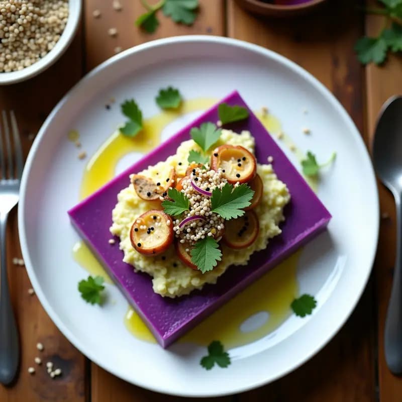 Plato de Causa Limeña de Camote Morado y Ceviche de Hongos en capas perfectas, con puré morado vibrante, ceviche de hongos marrones y dorado, y crujiente de semillas negras y blancas por encima. Receta peruana vegana y crujiente servida en porciones cuadradas sobre hoja de culantro.
