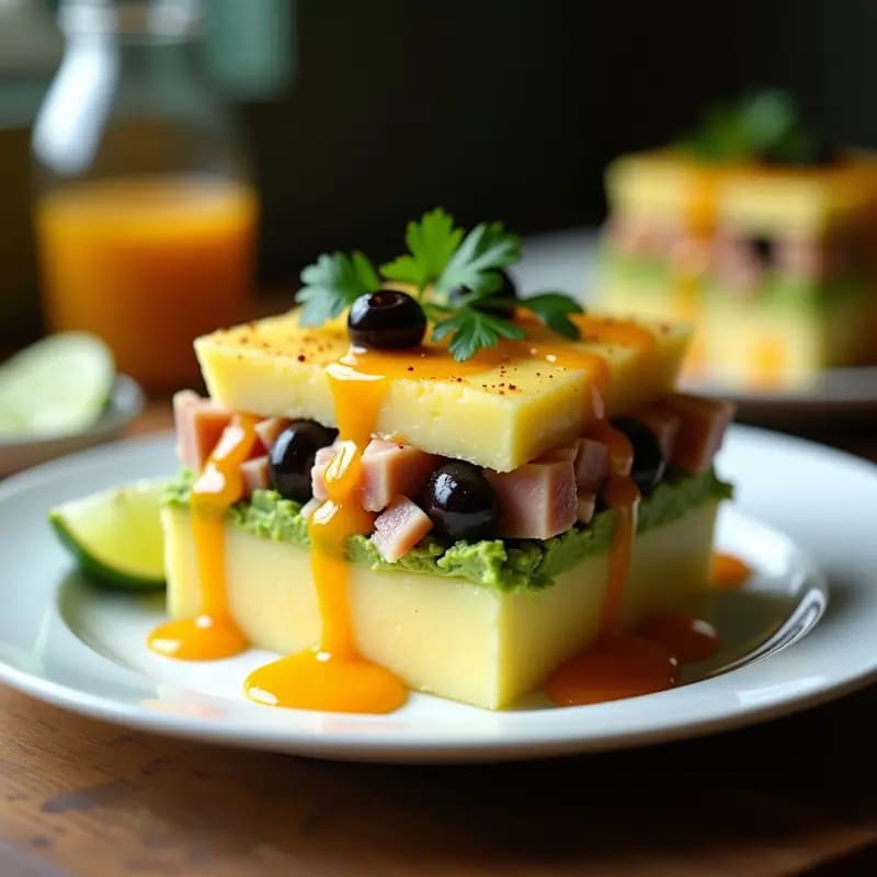 Plato rectangular de causa limeña en capas frías con puré de papa amarilla, ventresca de atún desmenuzada, aguacate en cubos, huevo picado y aceitunas negras, decorado con salsa de ají amarillo y perejil fresco.