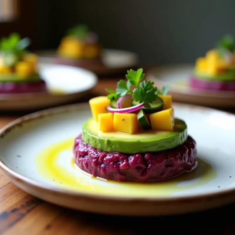 Plato rectangular blanco con causa limeña vegana de batata morada y palta, montada en capas perfectas y decorada con cebolla morada, tomate, ají amarillo y germinados de rábano. Fondos de hojas de lechuga morada y un toque de aceite de oliva brillante.