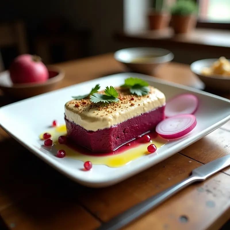 Plato rectangular con Causa Limeña de Betarraga y Hummus en capas vibrantes: base de betarraga morada, centro de hummus cremoso y decoración con semillas de sésamo, granada y cilantro fresco. Entrante peruano vegano y sin cocción.