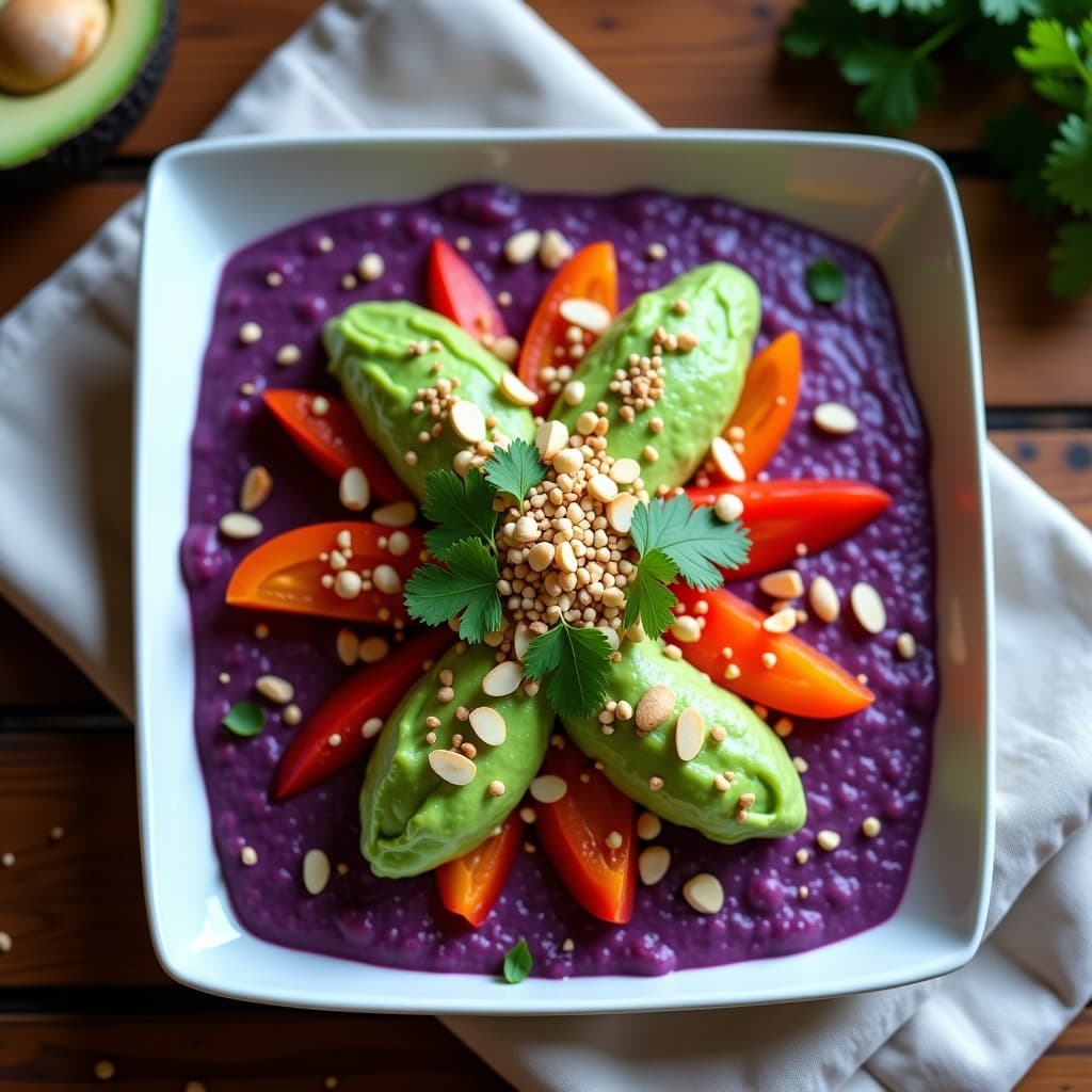 Causa limeña vegana en capas: base de puré de camote morado vibrante, rellena de crema de aguacate verde, cebolla morada y pimiento rojo asado, decorada con semillas de sésamo y cilantro fresco. Entrante peruano sin gluten y vegano.
