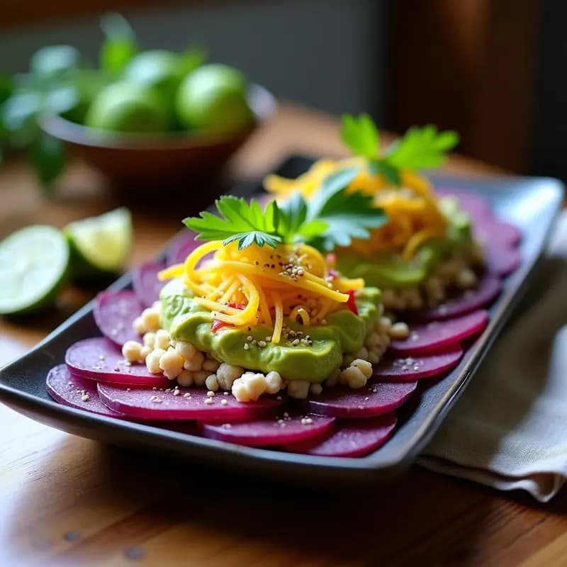 Plato rectangular de causa limeña crudivegana con capas vibrantes de camote morado marinado, crema de aguacate verde y relleno crujiente de cebolla roja y quinua inflada, decorado con semillas de sésamo y hilos de ají amarillo.