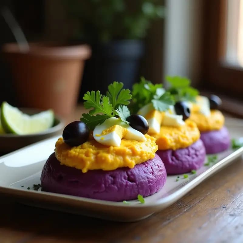 Causa limeña de camote morado y pollo al curry en molde rectangular, capas bien definidas de puré morado vibrante y pollo cremoso con topping de huevo picado y aceitunas, decorado con cilantro fresco, receta peruana sin gluten.