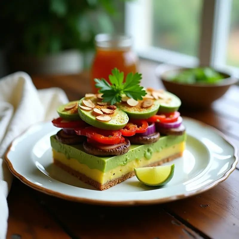 Causa Limeña de Palma de Corazón vegana en molde rectangular, con capas visibles de palma de corazón, aguacate cremoso, champiñones salteados con ají amarillo, cebolla morada, pimiento rojo asado y decoración de almendras fileteadas y cilantro fresco. Plato fresco y colorido típico de la cocina peruana moderna.