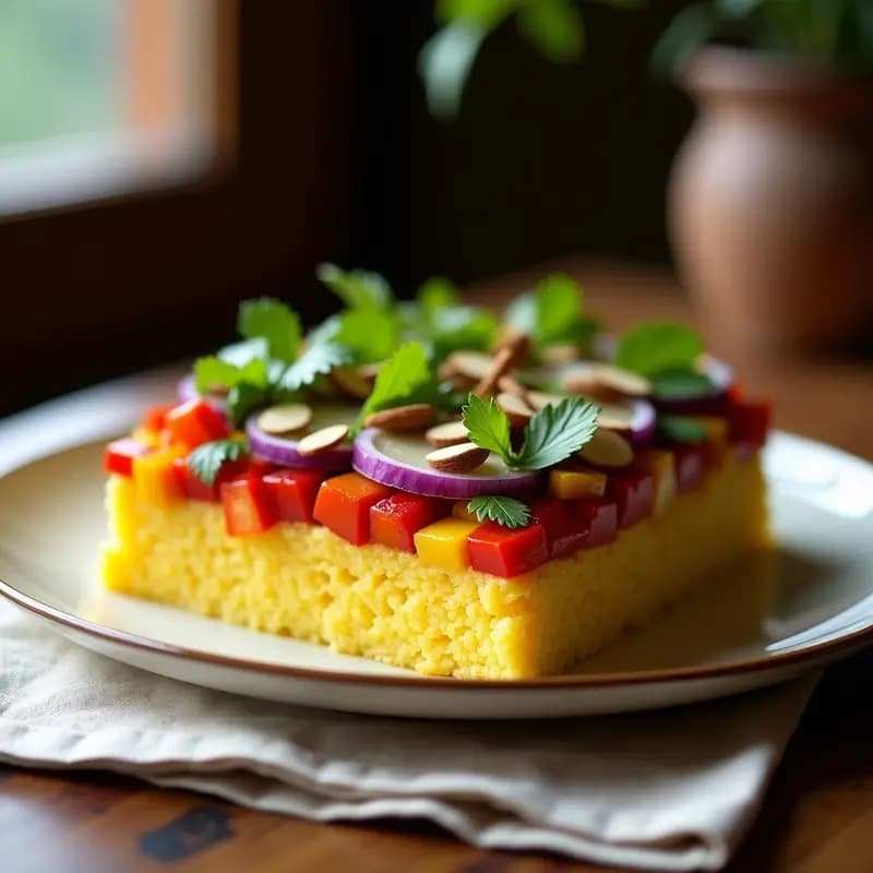Causa limeña de palmeras y pimientos asados en molde rectangular, con capas amarillas de palmito y rojas de pimientos asados, decorada con almendras fileteadas y hojas de lechuga morada sobre fondo rústico de madera.