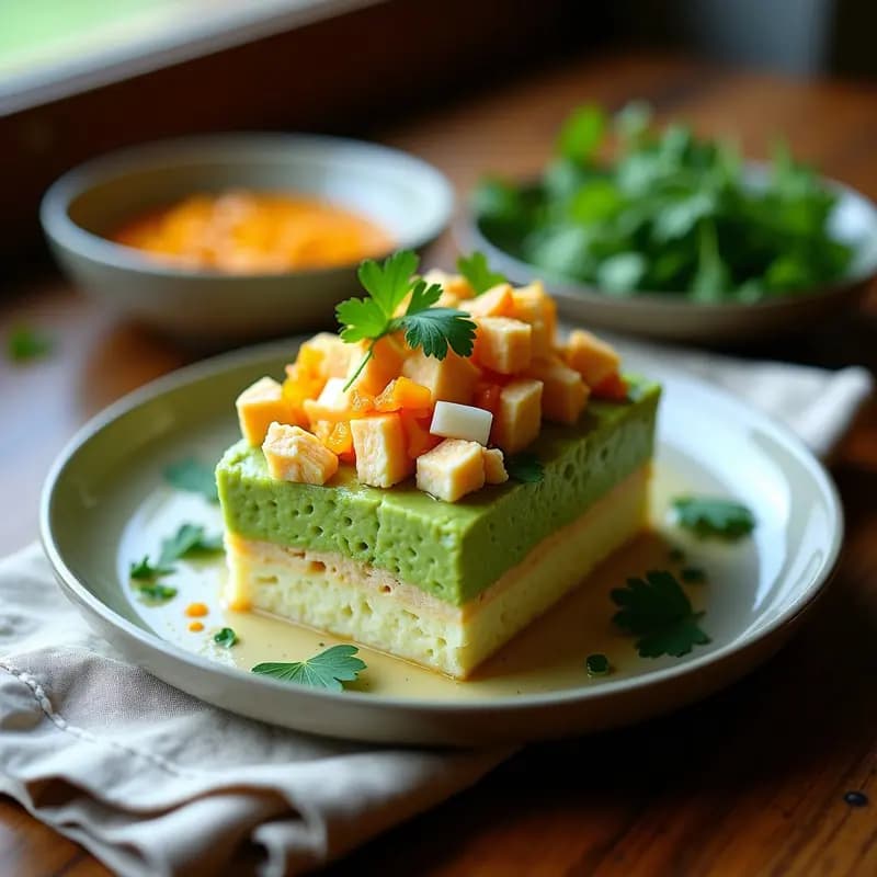 Causa limeña de palta y corvina ahumada en molde rectangular, con capas visibles de puré de aguacate cremoso y corvina desmenuzada, decorada con semillas de sésamo y hojas de cilantro sobre hojas de lechuga morada. Plato fresco y elegante, ideal para aperitivos saludables.