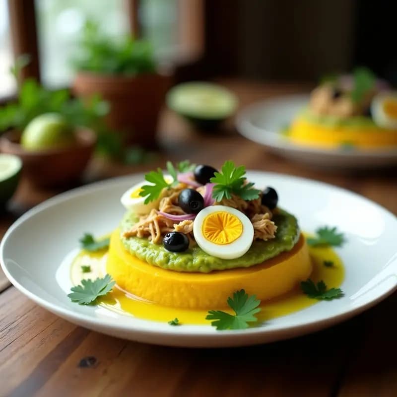 Plato rectangular de Causa Limeña con capas visibles de puré de papa amarilla brillante, aguacate cremoso y relleno dorado de pollo desmenuzado, decorado con rodajas de huevo duro, aceitunas negras y cilantro fresco. Entrante peruano frío con colores vibrantes.
