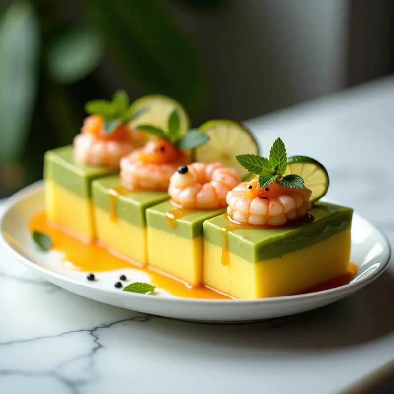 Causa limeña peruana con palta y langostinos en molde rectangular, capas visibles de puré de papa amarilla, aguacate cremoso y langostinos al ají amarillo, decorada con hierbabuena fresca y gajos de limón sobre fondo blanco.