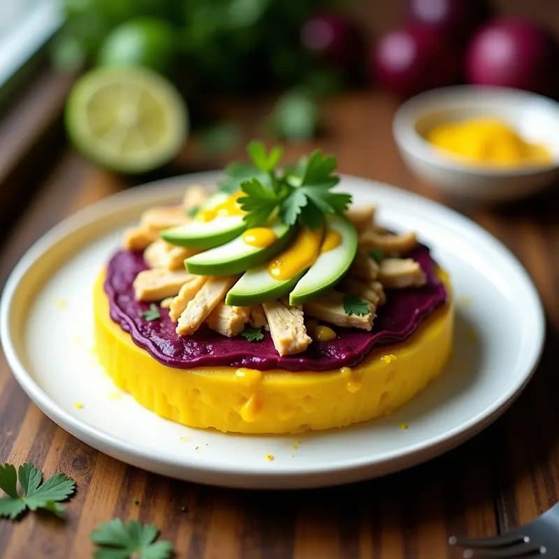 Plato rectangular de causa limeña en capas coloridas: puré de papa morada en la base, rodajas de aguacate verde, relleno de pollo al ají amarillo y capa superior de puré de papa amarilla. Decorado con huevo duro picado y hojas de lechuga sobre fondo rústico de madera.
