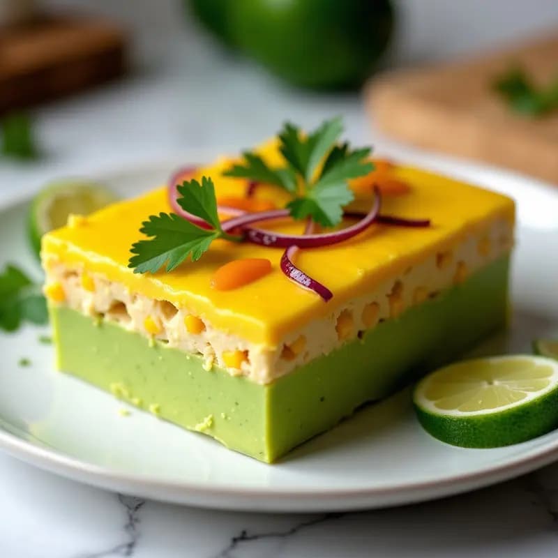 Plato de causa limeña de palta rellena de pollo al curry en Thermomix, con capas amarillas y verdes bien definidas, decorado con tomate, cilantro y almendras, servido en molde rectangular sobre fondo rústico.