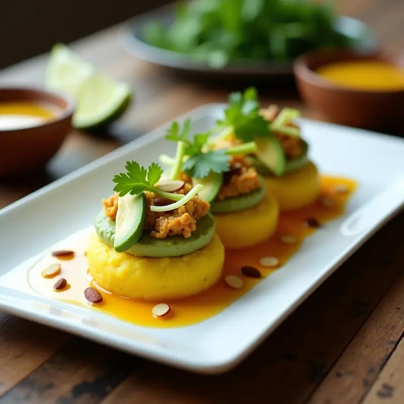 Plato rectangular de causa limeña en capas vibrantes: base amarilla de puré de papa, centro cremoso de aguacate y pollo al curry dorado, decorado con almendras tostadas, rodajas de aguacate, cilantro fresco y apio en juliana. Receta peruana fría y aromática.