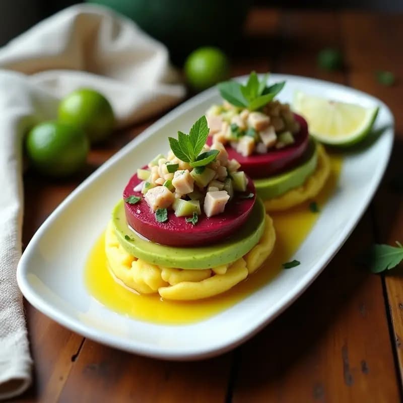 Plato rectangular de causa limeña con capas vibrantes de puré de remolacha rosa, papa amarilla y crema de aguacate verde, relleno de atún desmenuzado con apio y cebolla morada, decorado con rodajas de lima y cilantro fresco.