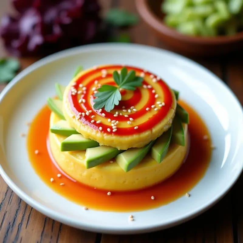 Plato blanco con causa de palmito y aguacate en capas perfectas: base de puré de papa amarilla, relleno cremoso de palmito y aguacate, y salsa de rocoto roja en espiral. Decorado con semillas de sésamo y cilantro fresco.