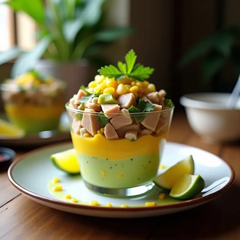 Causa de palta en capas con relleno de atún y huevo duro, servida en molde rectangular con decoración de cilantro fresco y rodajas de limón al lado. Plato frío y elegante, típico de la cocina peruana sin harina.