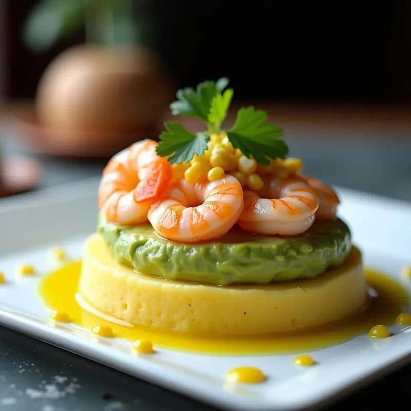 Plato elegante de causa rellena de palta y langostinos en capas perfectas: base dorada de papa amarilla, crema verde de aguacate y langostinos al ají amarillo con decoración de huevo picado, maíz tostado y cilantro fresco. Receta peruana gourmet para ocasiones especiales.