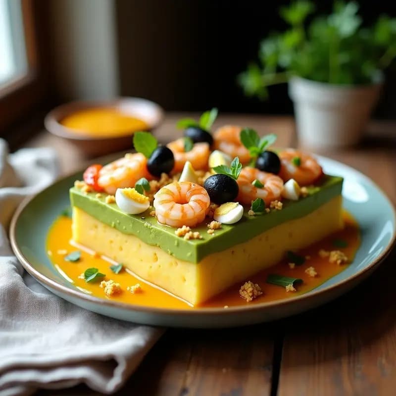Plato rectangular de causa peruana fría con capas visibles de puré de papa amarilla, aguacate cremoso, langostinos salteados y salsa huancaína amarilla espesa. Decorado con huevo duro picado, aceitunas negras y hojas de cilantro fresco sobre fondo rústico de madera.
