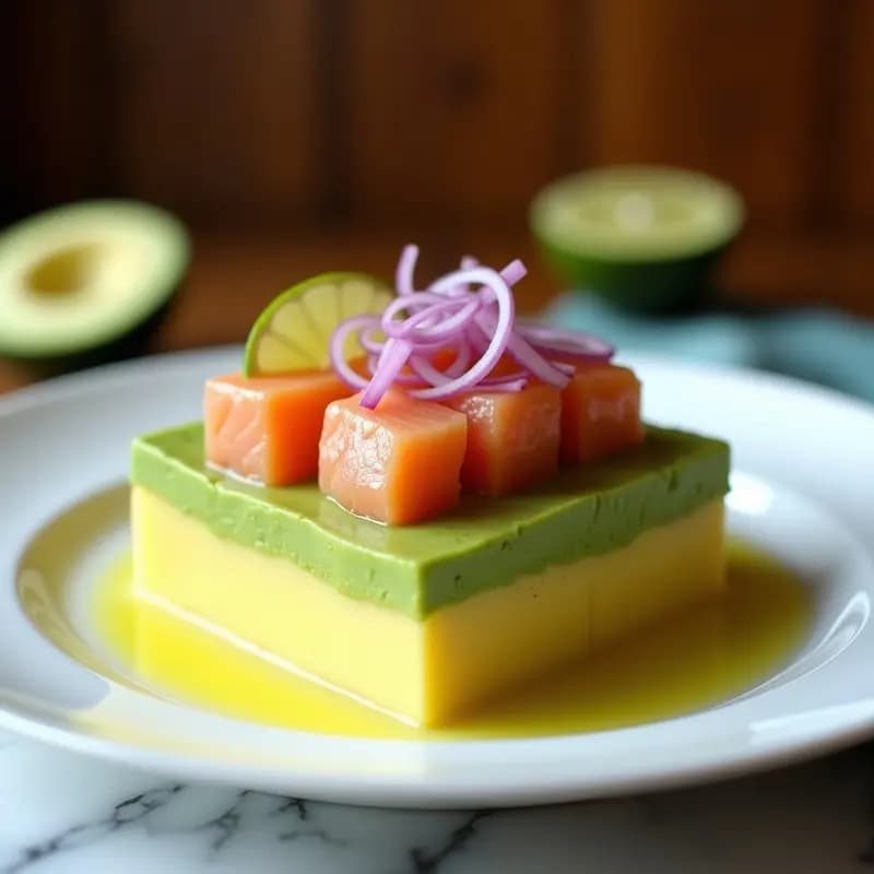 Plato elegante de causa peruana en capas con puré de papa amarilla, crema de palta verde y salmón en escabeche dorado, decorado con cebolla morada y limón, servido en molde rectangular.
