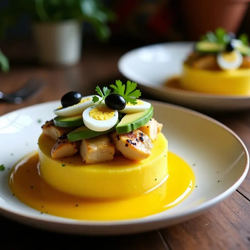 Plato de Causa de Papa Amarilla con Relleno de Pollo al Ají Amarillo, servido en porciones rectangulares con capas visibles de puré de papa amarilla y pollo jugoso. Decorado con rodajas de palta, huevo duro picado y aceitunas negras sobre un fondo rústico de madera.