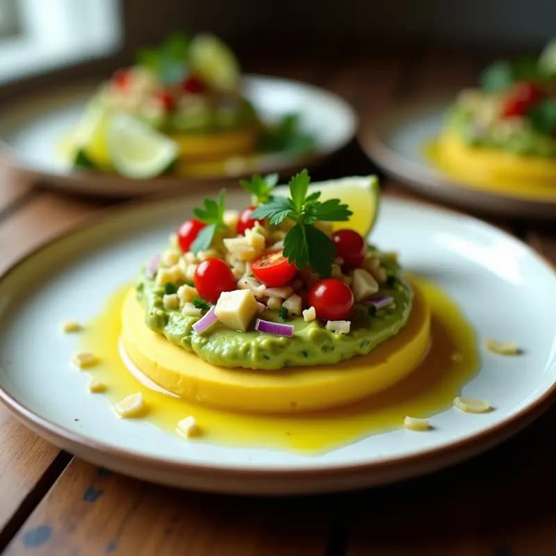 Plato de causa rellena de palta y corazón de alcachofa en capas, con puré de papa amarilla, relleno de alcachofas marinadas con ají amarillo y cilantro, decorado con rodajas de limón y hojas de cilantro fresco.