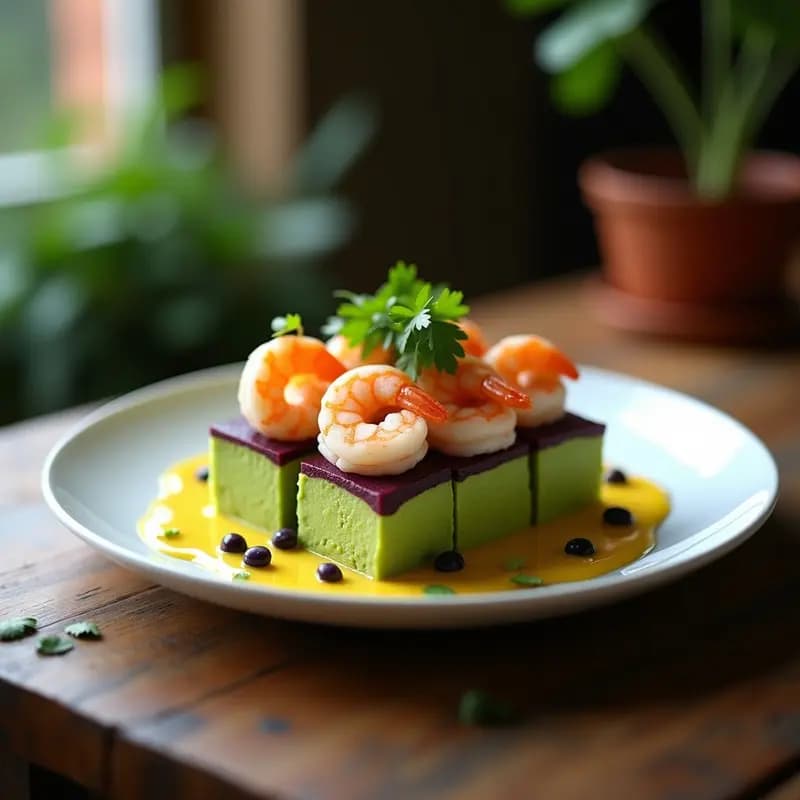 Causa rellena de palta y camarones en capas vibrantes, con base verde cremosa de aguacate, relleno de camarones al ají amarillo y decoración de maíz morado y cilantro sobre hoja de lechuga morada, servida en plato blanco sobre fondo de madera rústica.