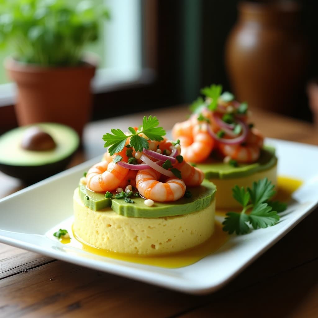 Causa rellena peruana en corte transversal mostrando capas de puré de coliflor amarillo, crema de palta verde y langostinos rosados marinados, servida sobre hoja de lechuga con decoración de perejil.