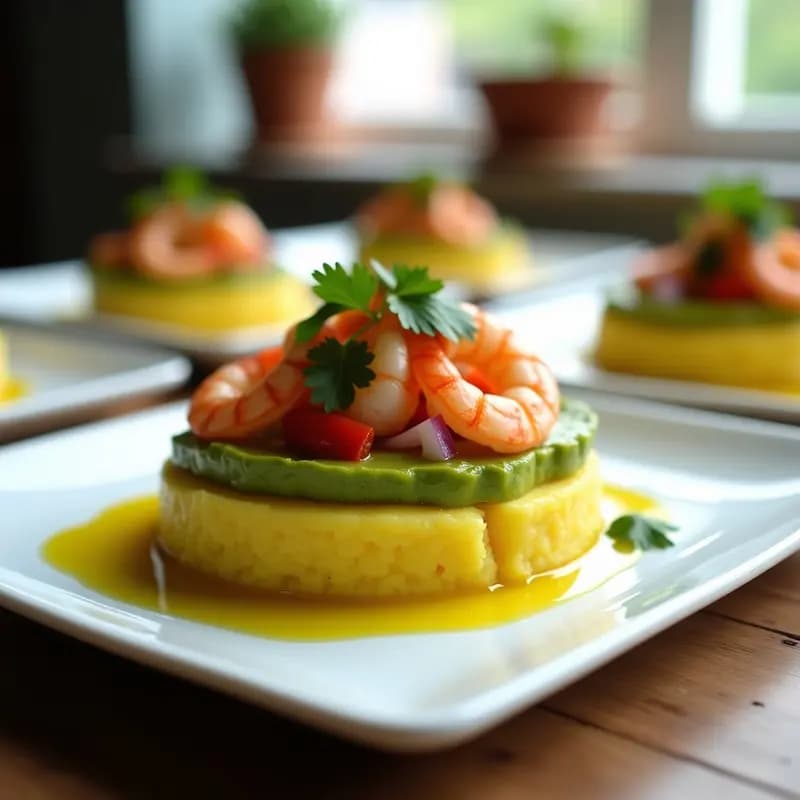 Causa rellena de palta y langostinos en capas perfectas: base de puré de papa amarilla con ají amarillo, relleno cremoso de aguacate verde y trozos de langostinos rosados. Decorada con cebolla morada en juliana y hojas de cilantro fresco sobre un plato blanco rústico, con un fondo de madera clara.