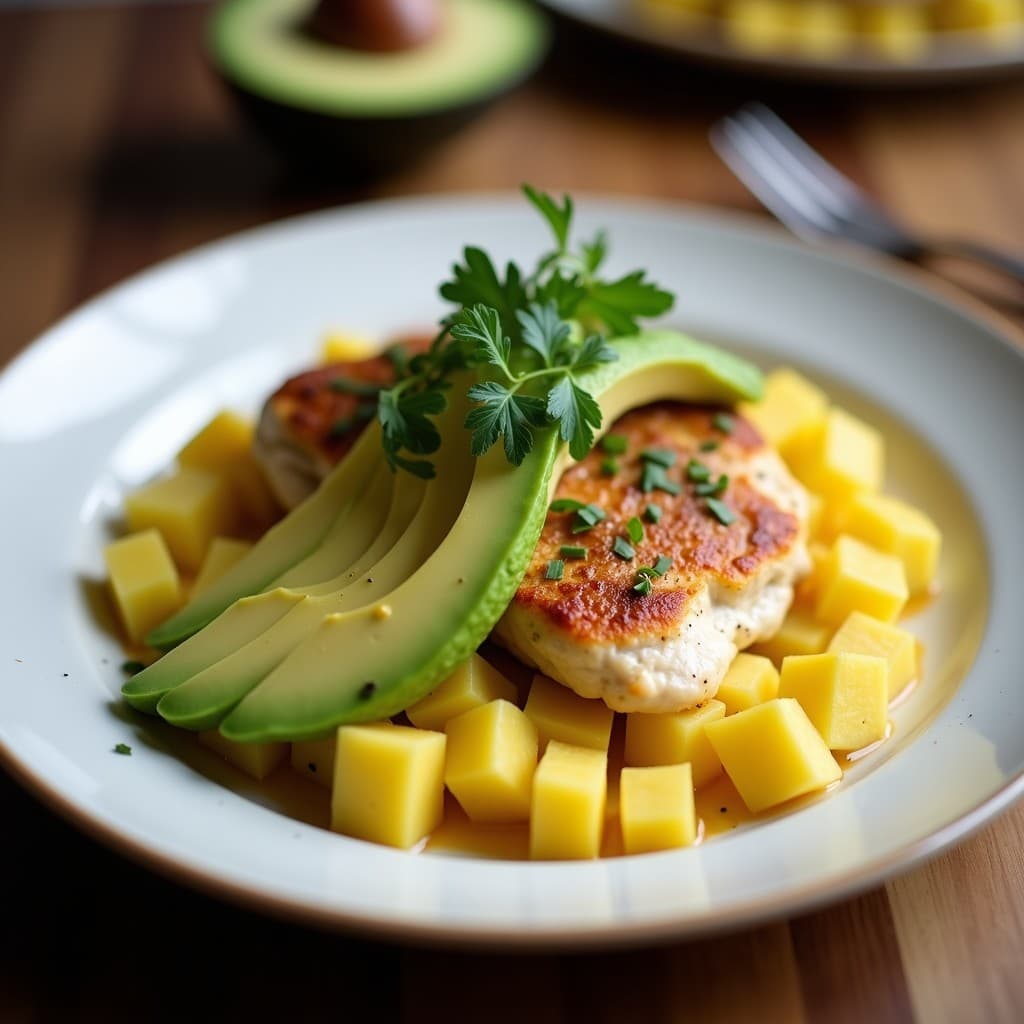 Plato de causa rellena de pollo al curry y aguacate en versión light, con capas visibles de puré de papa amarilla, pollo al curry rojo y cremoso aguacate, decorado con huevo picado y cilantro fresco sobre un mantel rústico.