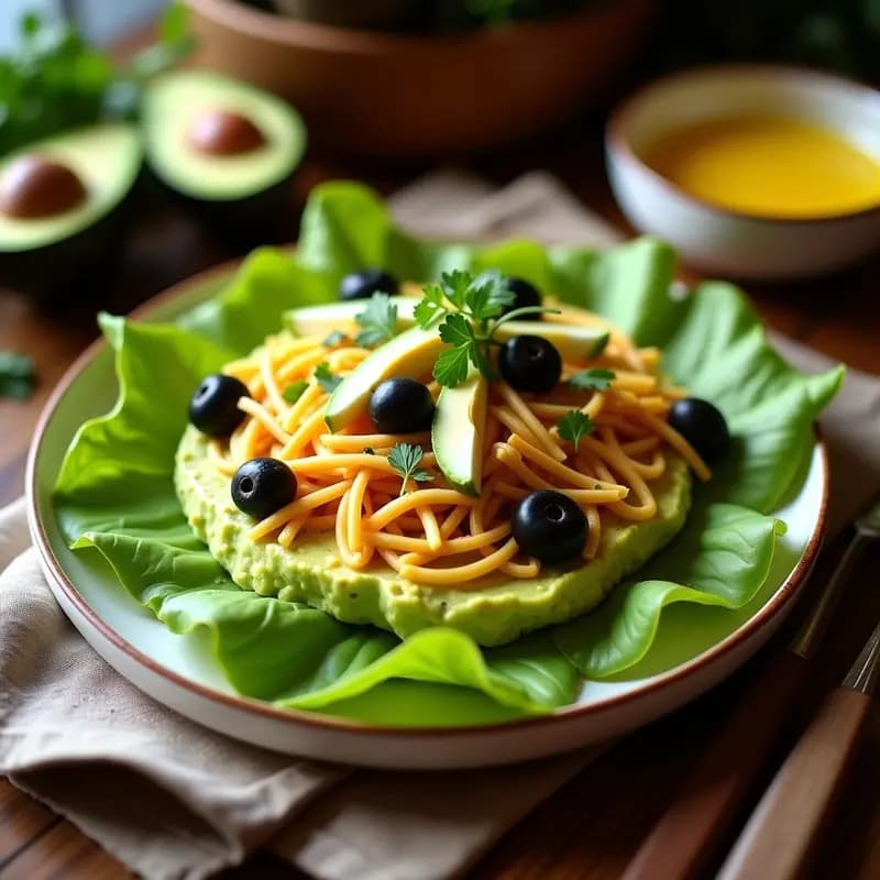 Plato rectangular con causalimeña light en capas: base de lechuga verde, puré de palta cremoso, pollo desmenuzado al ají amarillo, decorado con láminas de palta, huevo picado, aceitunas negras y hierbas frescas. Receta peruana baja en calorías.