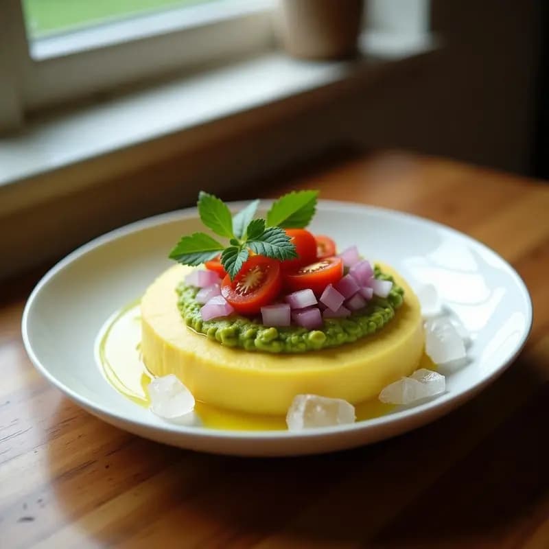 Plato elegante con causes limeñas de papa amarilla y aguacate, capas perfectas de puré amarillo y crema de aguacate, decorado con cebolla morada, tomate y cilantro, rodeado de hielo picado.