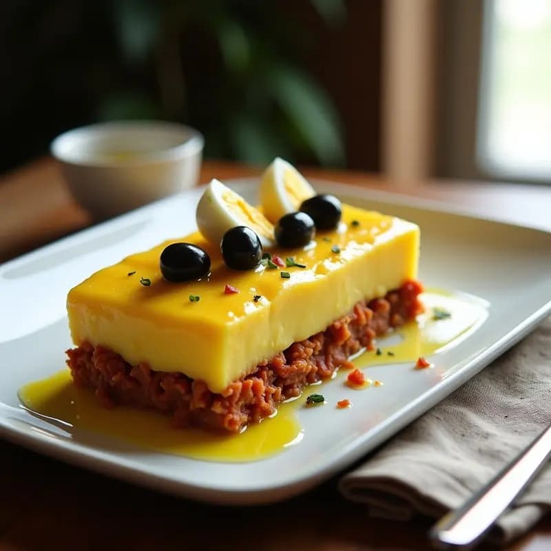 Causes limeñas en molde rectangular con capas visibles de puré de papa amarilla cremoso y relleno de pollo especiado, decoradas con rodajas de huevo duro, aceitunas negras y hilo de aceite de oliva, servidas en plato blanco rústico.