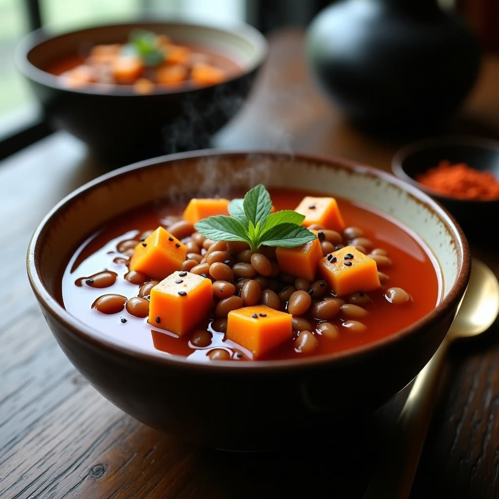 Cazuela de barro japonesa con estofado espeso de frijoles adzuki rojos y calabaza kabocha dorada, decorado con semillas de sésamo negro y tiras de algas nori. Plato keto tradicional japonés en olla exprés.