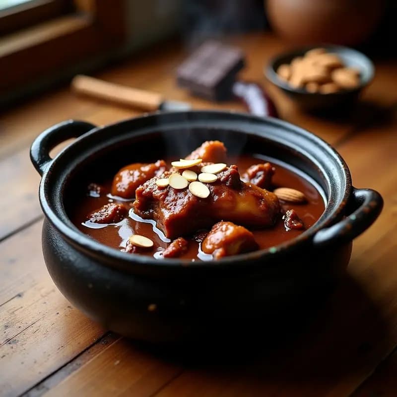 Cazuela de barro negra con cazuela azteca de chocolate y chile ancho, pollo en salsa espesa oscura, decorada con almendras fileteadas y ramita de canela.