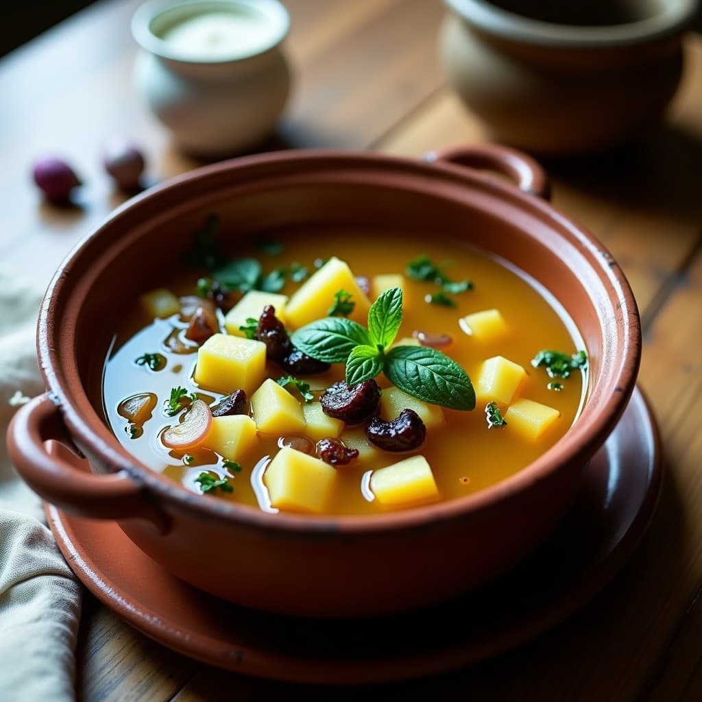 Cazuela portuguesa de berros y patata con ajo negro en cuenco rústico de barro, caldo espeso y dorado, berros frescos flotando, hojas de menta como decoración y hilo de aceite de oliva. Receta vegana en olla exprés.