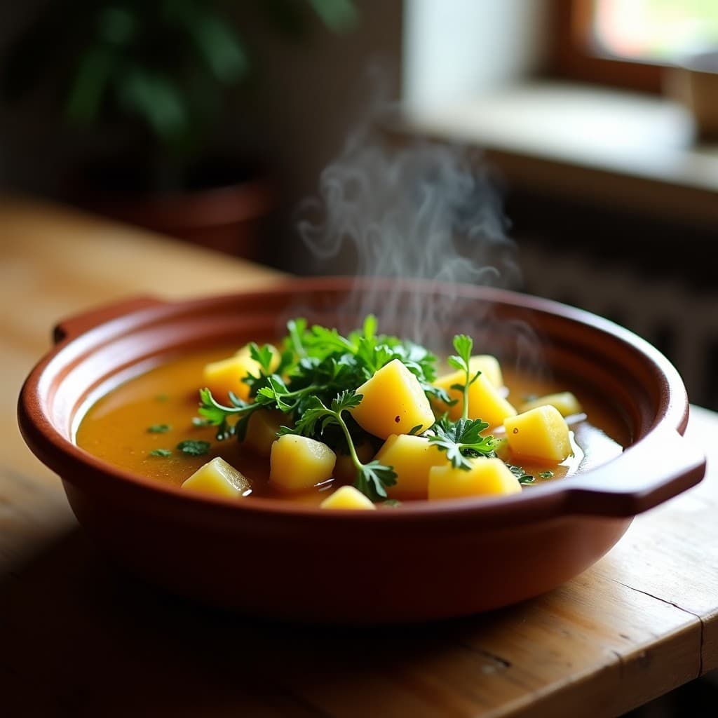 Cazuela de barro humeante con berros y patatas en trozos, bañados en un caldo dorado con ajo y perejil fresco picado. Plato tradicional portugués servido en cuenco rústico sobre fondo de madera.