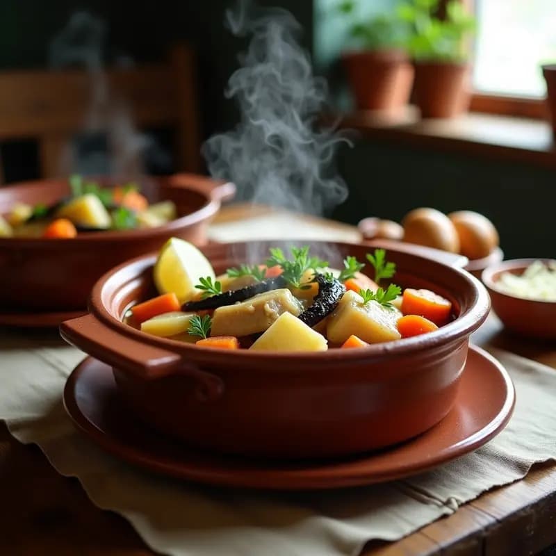 Olla de barro humeante con cazuela de pescado y congro chilena, llena de filetes de merluza, trozos de congro, papas, zanahorias y caldo dorado, decorada con perejil fresco y rodajas de limón.