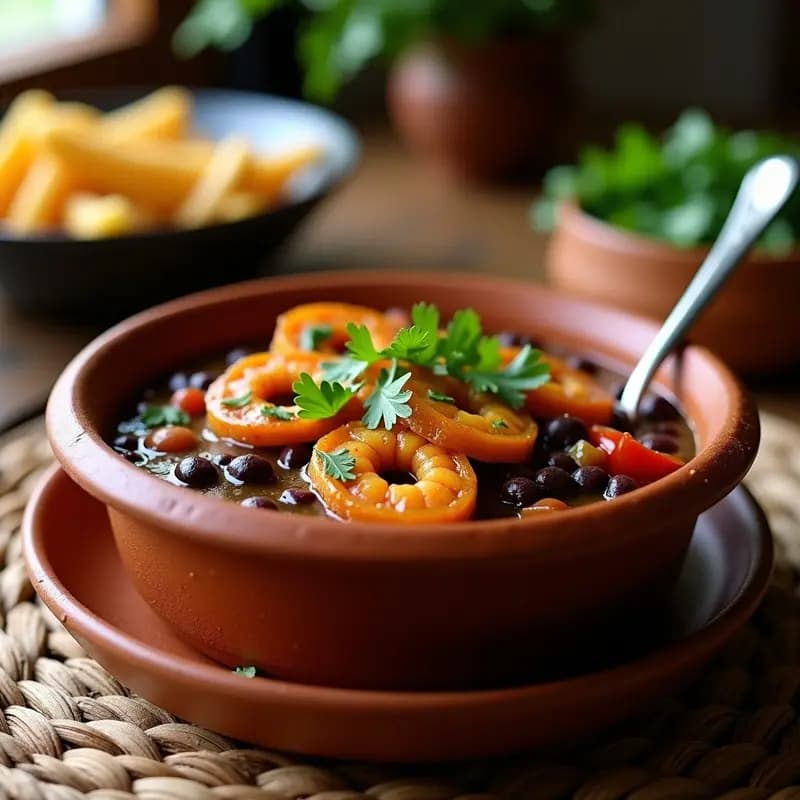 Cazuela humeante de frijoles negros con camarones secos, coronada con rodajas de plátano maduro dorado y cilantro fresco, servida en un plato rústico de barro. Receta costeña colombiana en olla express.