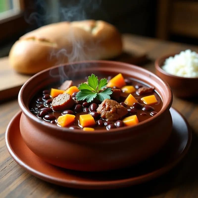 Cazuela de barro humeante con frijoles negros estofados, trozos de cerdo dorado y cubos de calabaza naranja, decorada con hojas de laurel y servida sobre una mesa de madera rústica. Plato tradicional cubano en olla lenta.