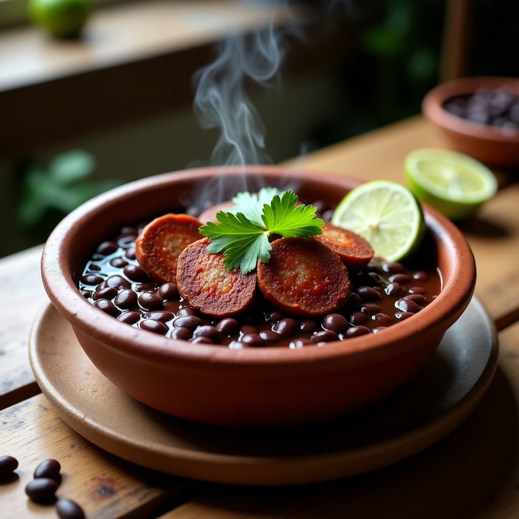 Cazuela humeante de frijoles negros con rodajas doradas de chorizo de tempeh, especias visibles y cilantro fresco espolvoreado, servida en un plato de barro sobre fondo rústico. Receta cubana vegana en olla exprés.