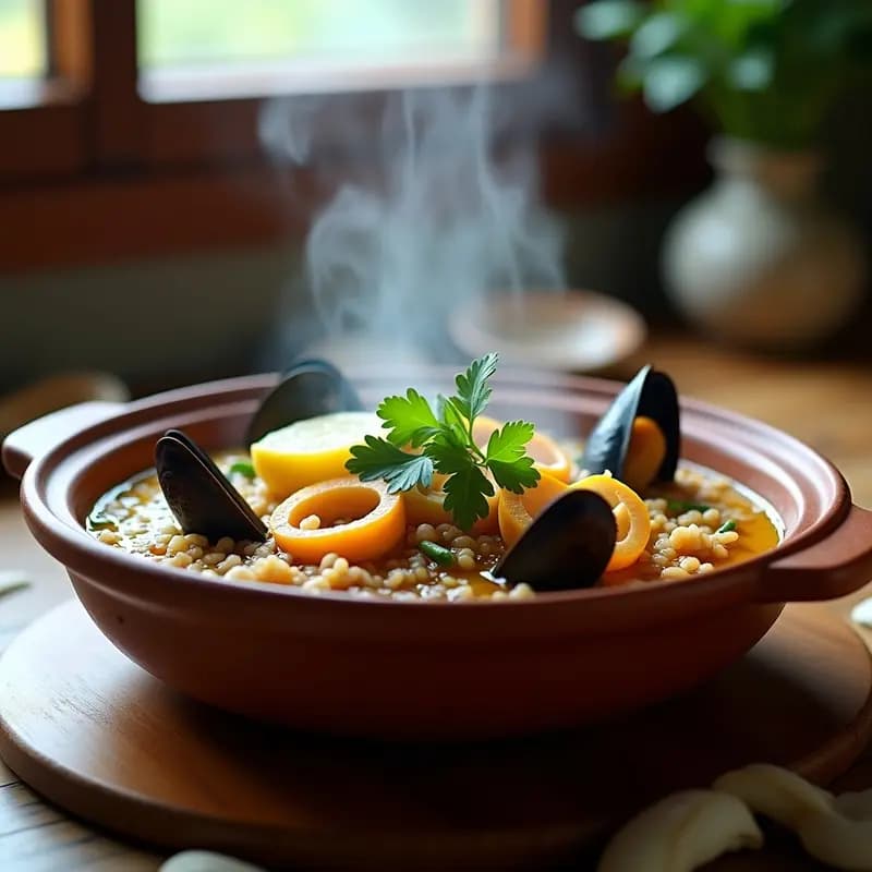 Cazuela humeante de mariscos con arroz salvaje en olla exprés, con mejillones, almejas y calamar en un caldo dorado, decorada con cilantro fresco y rodajas de limón. Receta chilena rápida y saludable.