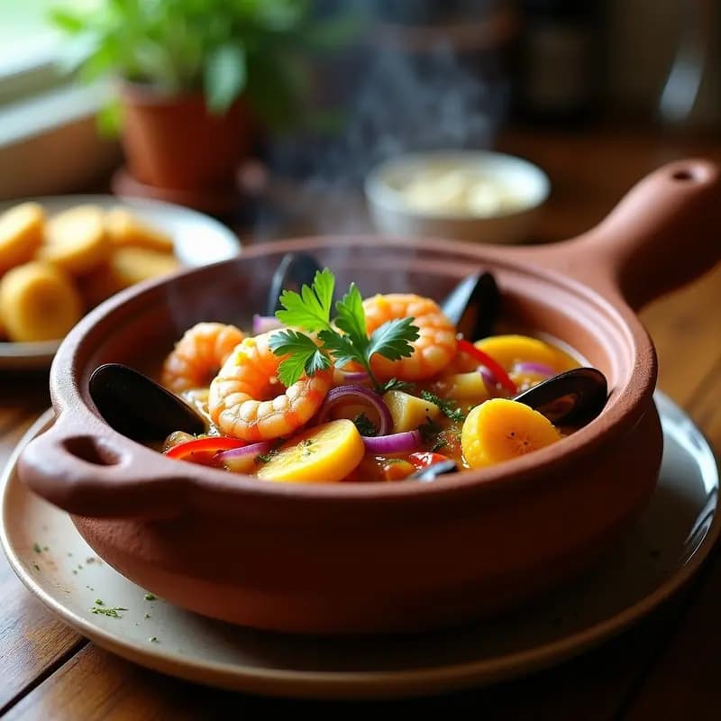Cazuela de barro humeante con mariscos, trozos de ñame dorado, caldo espeso de color azafrán y hojas de cilantro fresco. Plato típico dominicano servido en un entorno rústico con limones agrios al lado.
