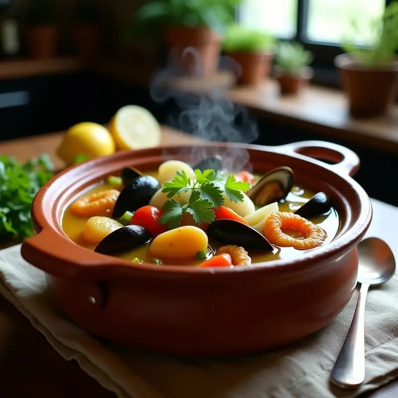 Olla de barro humeante con cazuela de mariscos chilena: almejas, mejillones y choritos en caldo dorado con vino blanco, cilantro fresco y rodajas de limón. Plato tradicional costero servido en un ambiente rústico.