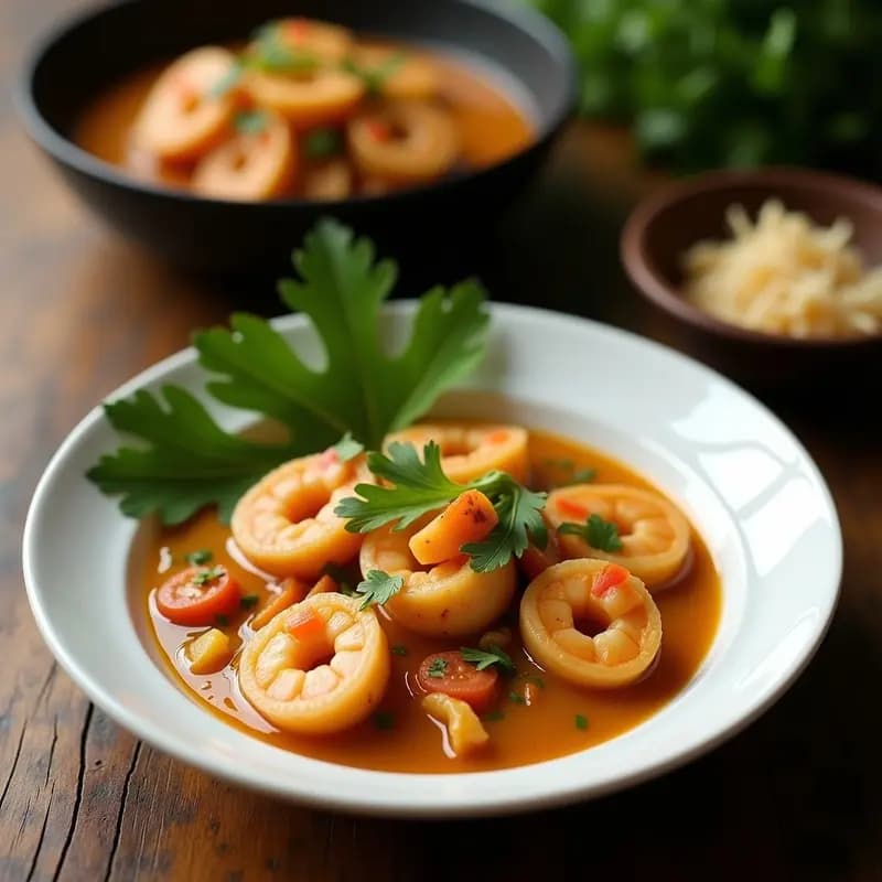 Cazuela chilena de mariscos y coco servida en un bol de barro, con mejillones, almejas y camarones bañados en un caldo cremoso de leche de coco, decorada con cilantro fresco y rodajas de limón. Plato humeante con fondo rústico de madera.